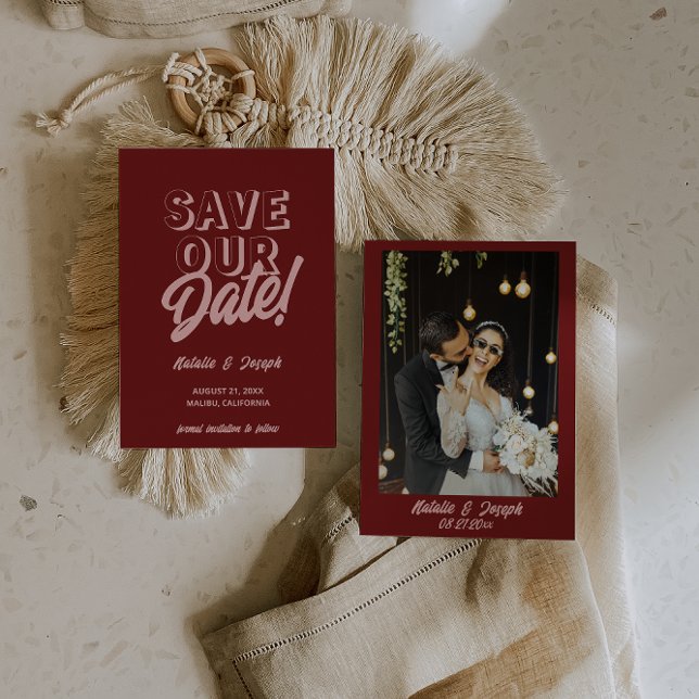 Reserva La Fecha Retro Pink Deep Red Modern Unique Photo Wedding (Subido por el creador)