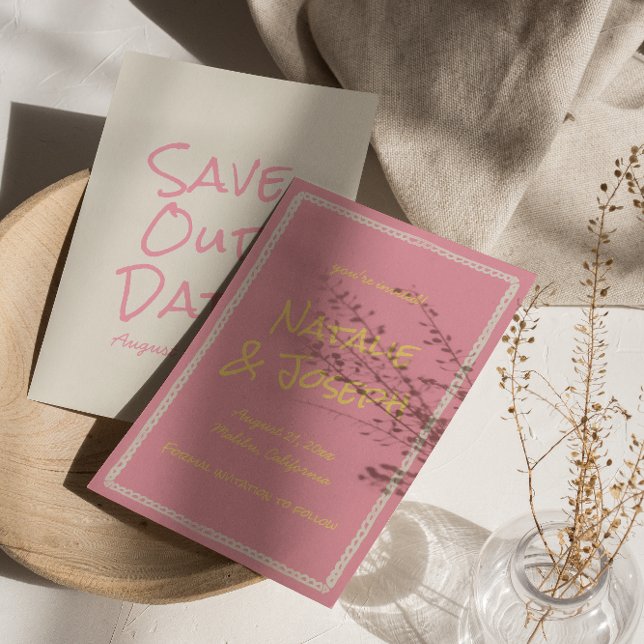 Reserva La Fecha Retro Pink Yellow Colorful Pastel Funky Wedding (Subido por el creador)