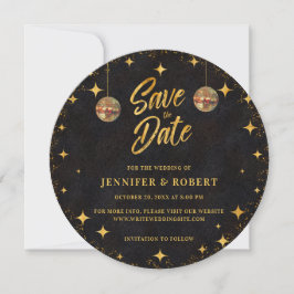 Reserva La Fecha Retro Stars Black Gold Glitter Disco Ball Wedding