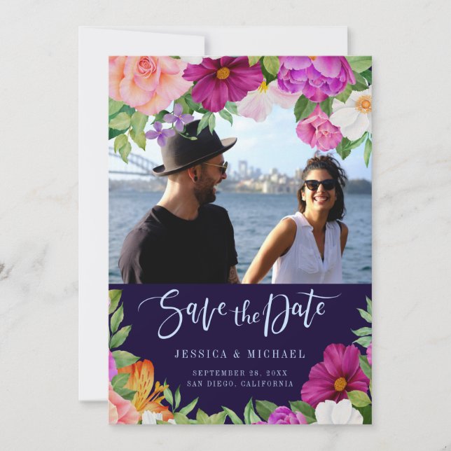 Reserva La Fecha Ricos Bouquets Púrpura y Boda Floral Foto (Anverso)