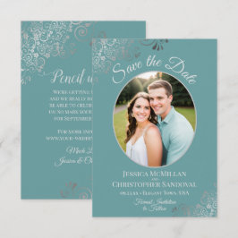 Reserva La Fecha Rizados Elegantes de Plata y Foto en Boda Teal