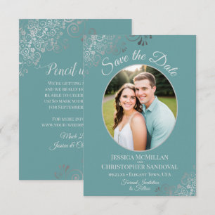 Reserva La Fecha Rizados Elegantes de Plata y Foto en Boda Teal