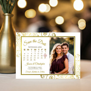 Reserva La Fecha Rizos dorados elegantes en foto de calendario blan