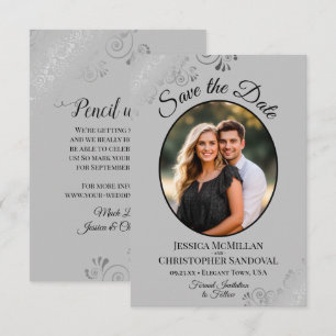 Reserva La Fecha Rizos plateados elegantes en foto oval gris boda
