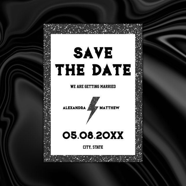 Reserva La Fecha Rock and Roll Black Purpurina Retro (rock and roll save the date black glitter rock black wedding retro vintage)