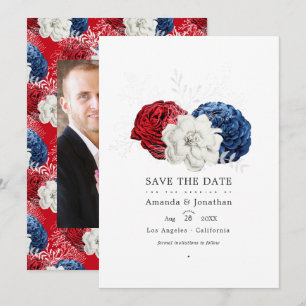 Reserva La Fecha Rojo Blanco y Azul Fotografía de Boda Americana US