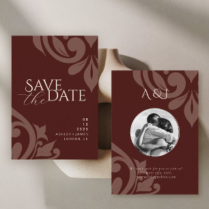Reserva La Fecha Rojo Caoba Clásico Damask Elegante Boda Fotográfic