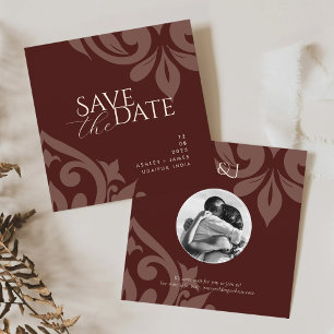 Reserva La Fecha Rojo Caoba Damasco Elegante Clásico Foto Boda