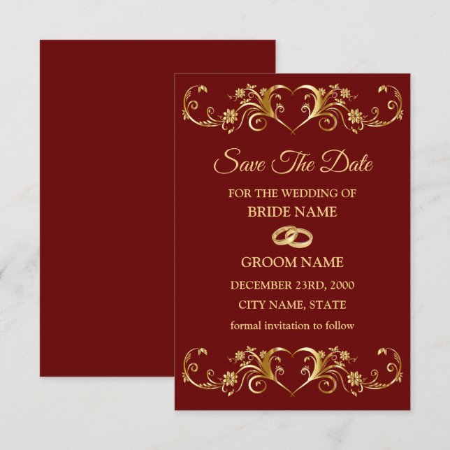 Reserva La Fecha Rojo dorado geométrico patrón elegante boda (Anverso / Reverso)