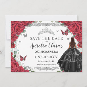 Reserva La Fecha Rojo Floral Negro Guiso Quinceanera Dulce Dieciséi
