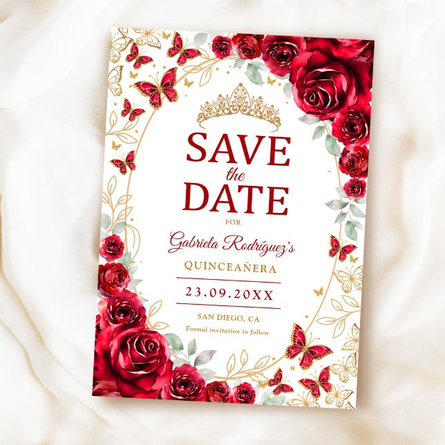 Reserva La Fecha Rojo Oro Floral Quinceañera (Subido por el creador)