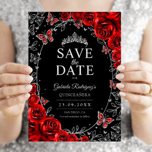 Reserva La Fecha Rojo Plata Negro Quinceañera Floral