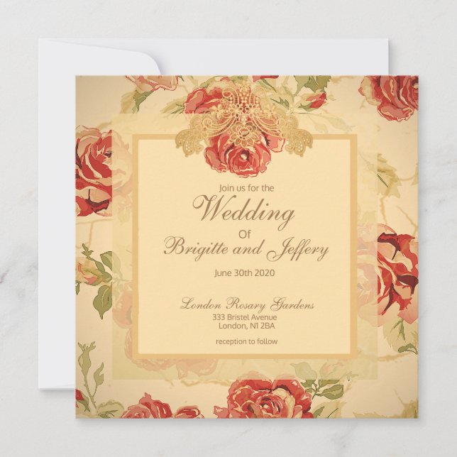 Reserva La Fecha Rojo rosa, crema, tostana impresión floral antigua (Anverso)