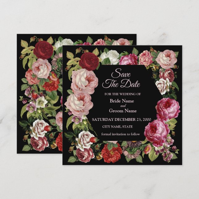 Reserva La Fecha Rojo Rústico Floral Verde Negro Rosa (Anverso / Reverso)