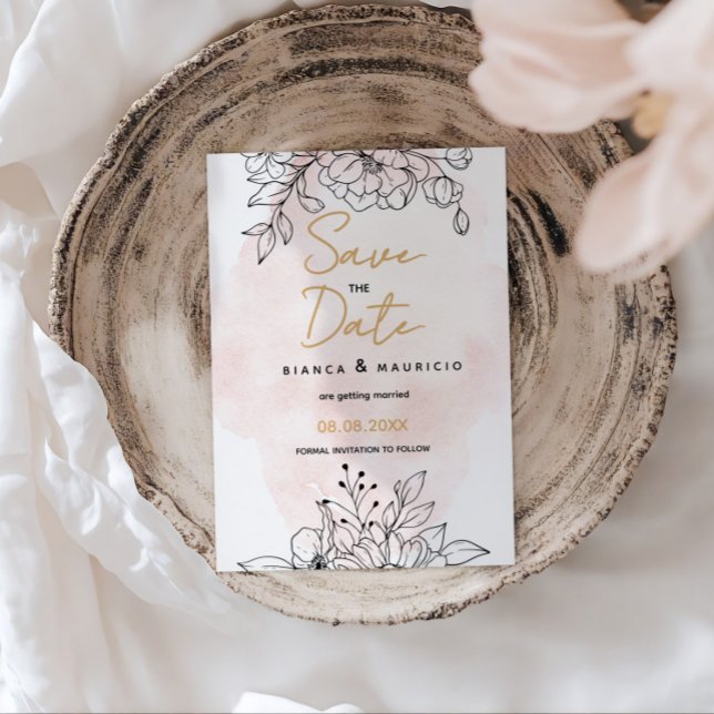 Reserva La Fecha Romance de Rubor con detalles botánicos elegantes  (Blush Romance with Elegant Black Botanical details Save The Date)