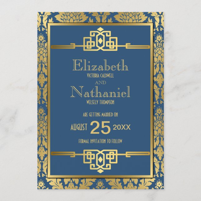 Reserva La Fecha Romance dorado 1920 Art Deco Save the Date (Anverso)