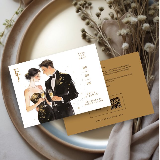 Reserva La Fecha Romantic Black & Gold Couple Wedding Design (Elegant Black & Gold Couple Illustration Wedding Save the Date Card with QR Code on Back. )