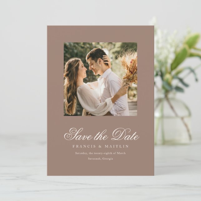 Reserva La Fecha Romantic Brown Photo Elegant Wedding (Anverso de pie)