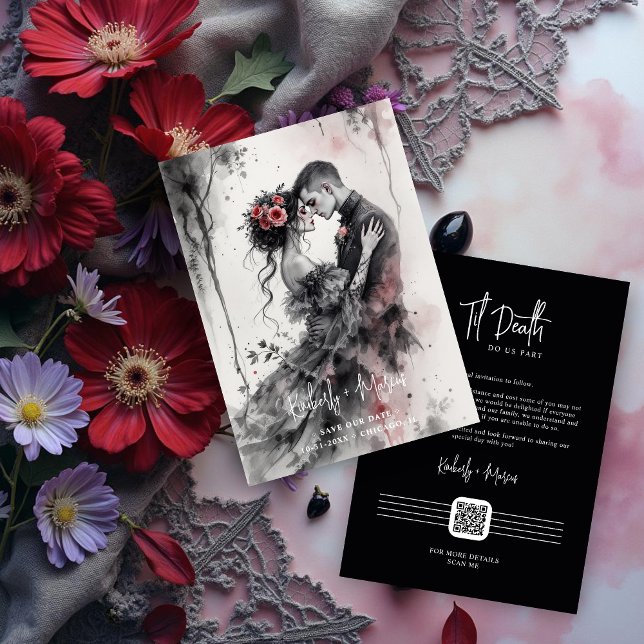 Reserva La Fecha Romantic Chic Charming Gothic Couple Wedding  (Romantic Chic Charming Gothic Couple Wedding Save the Date Cards with Back QR Code. )