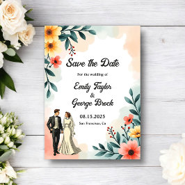 Reserva La Fecha Romantic Couple Watercolor Floral Summer Wedding