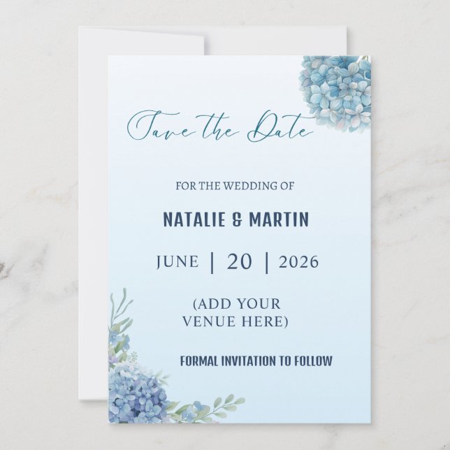 Reserva La Fecha Romantic Dusty Blue Hydrangea Watercolor Wedding (Anverso)