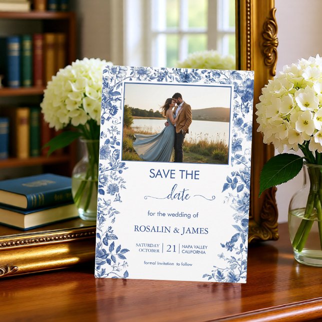 Reserva La Fecha Romantic Dusty Blue Toile Floral Photo (Romantic Dusty Blue Toile Floral Photo Save The Date)