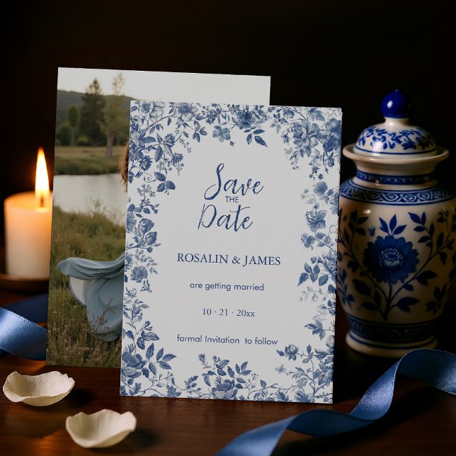 Reserva La Fecha Romantic Dusty Blue Toile Floral with Photo (Romantic Dusty Blue Toile Floral with Photo Save The Date)
