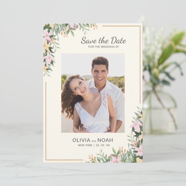 Reserva La Fecha Romantic Floral Photo Save the Date (Anverso de pie)