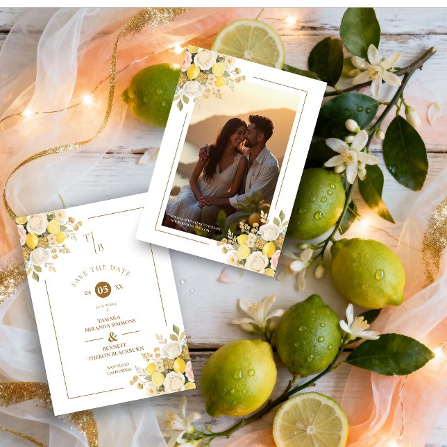 Reserva La Fecha Romantic Mediterranean Lemons Floral Bunch Wedding (Romantic Mediterranean Lemons & Floral Bunch Wedding Dave the Date with Initials and Back Photo.)