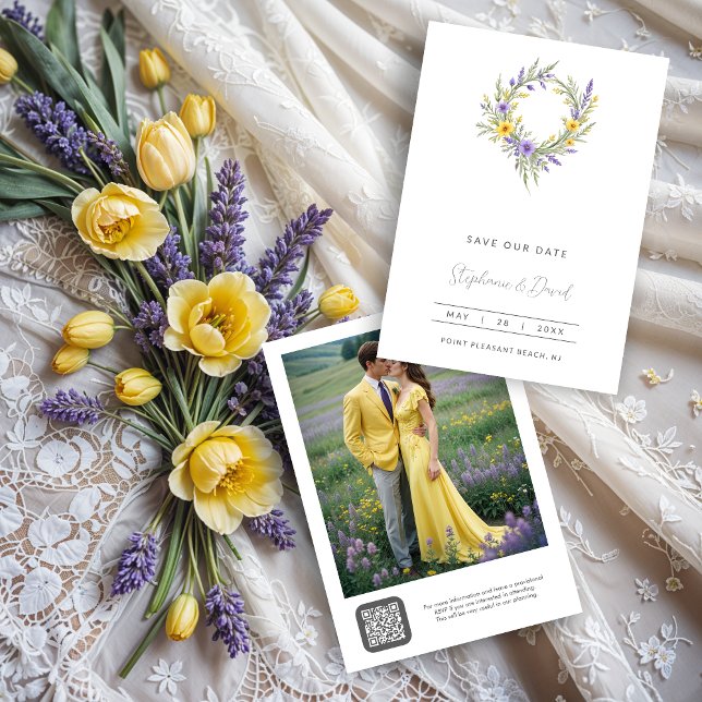 Reserva La Fecha Romantic Minimal Wedding Yellow & Lavender Wreath (Romantic Minimalist Wedding Yellow & Lavender Wreath Save the Dates Cards. )