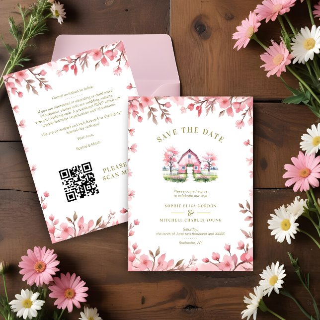 Reserva La Fecha  Romantic Pink Barn Rustic Landscape Floral Frame (Romantic Pink Barn in Rustic Landscape and Cute Floral Frame Wedding Invitations Cards. )