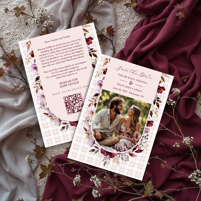 Reserva La Fecha Romantic Spring Burgundy Floral Arch Wedding (Romantic Spring-Inspired Burgundy Floral Arch Wedding Save the Date Design with Back Photo.)