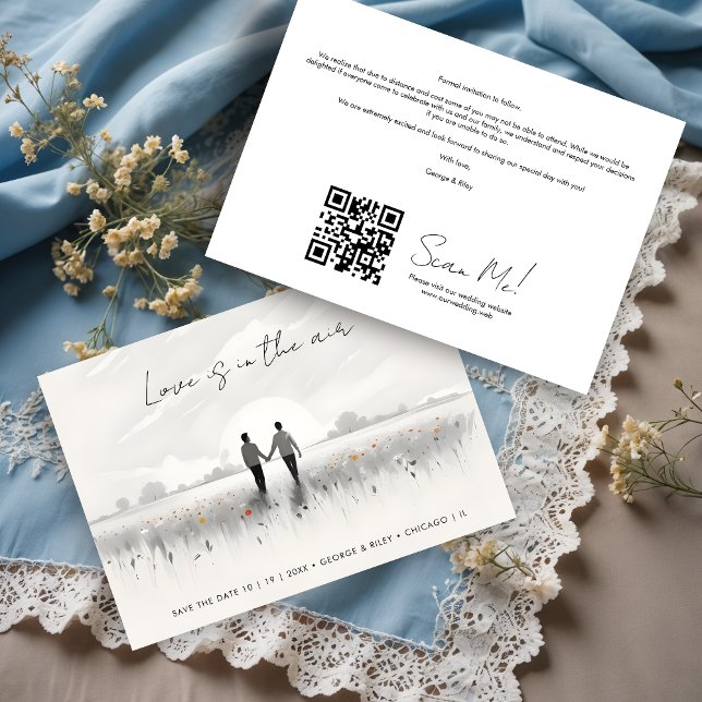 Reserva La Fecha Romantic Sweet Cute Wildflowers Field Gay Couple (Romantic Charming Sweet Cute Wildflowers Field with Walking Gay Couple Wedding Save the Date Cards.)