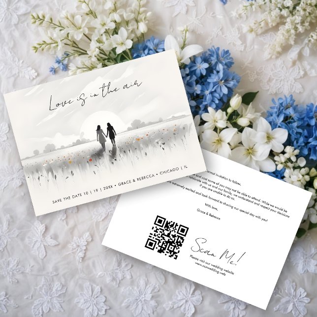 Reserva La Fecha Romantic Sweet Wildflowers Field Lesbian Couple (Romantic Charming Sweet Cute Wildflowers Field, Walking Lesbian Couple Wedding Save the Date Cards.)