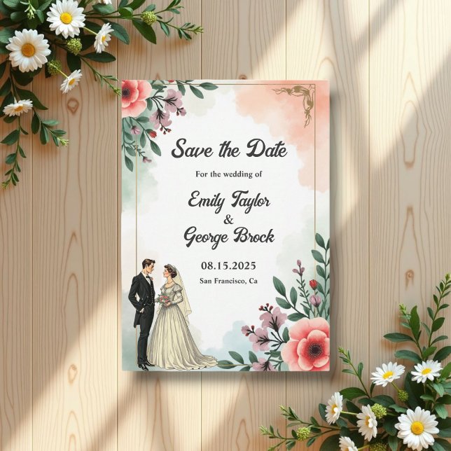 Reserva La Fecha Romántica acuarela Floral Bride y Groom Boda (Subido por el creador)