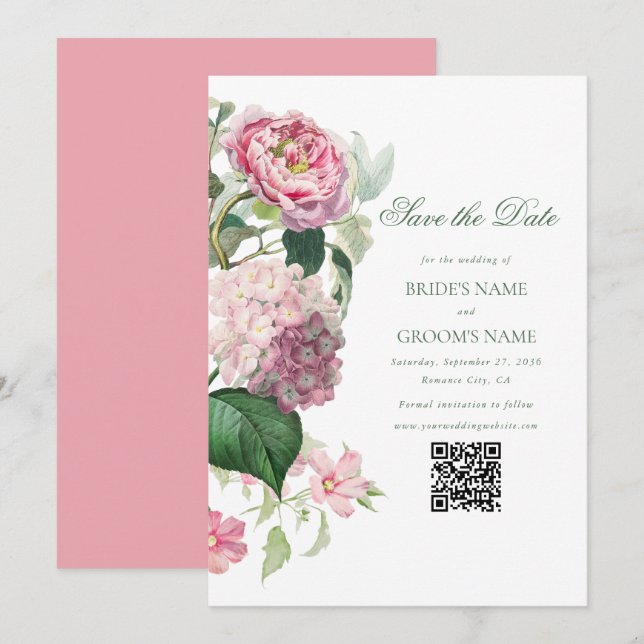 Reserva La Fecha Romántica acuarela Flores rosadas Boda Jardín (Anverso / Reverso)