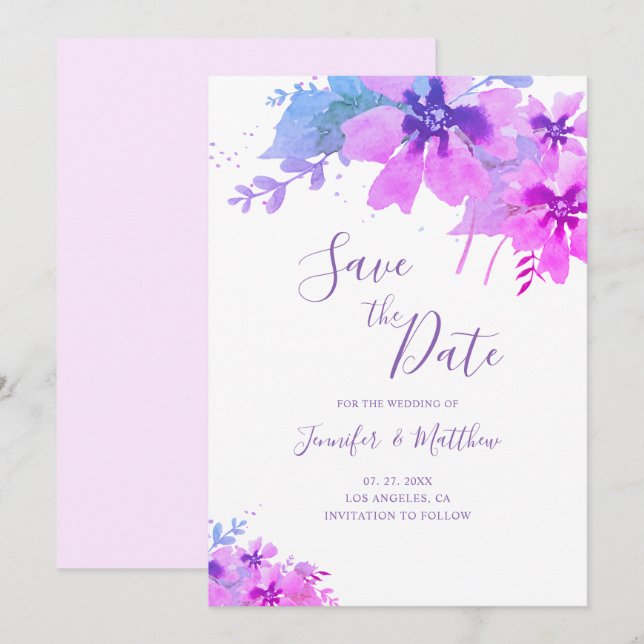 Reserva La Fecha Romántica boda morada floral salva la carta de fec (Anverso / Reverso)
