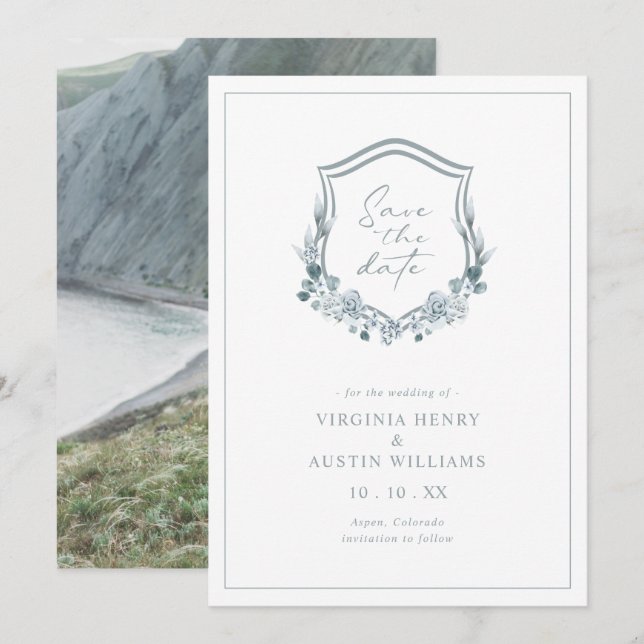 Reserva La Fecha Romántica Foto Azul Floral Guardar la fecha (Anverso / Reverso)