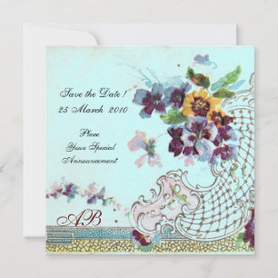 Reserva La Fecha ROMÁNTICA Monograma de boda floral rosa azul teal