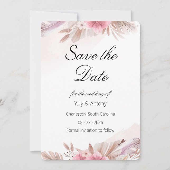 Reserva La Fecha Romántica Rosa y Champagne Boho Boda  Guárdala (Anverso)