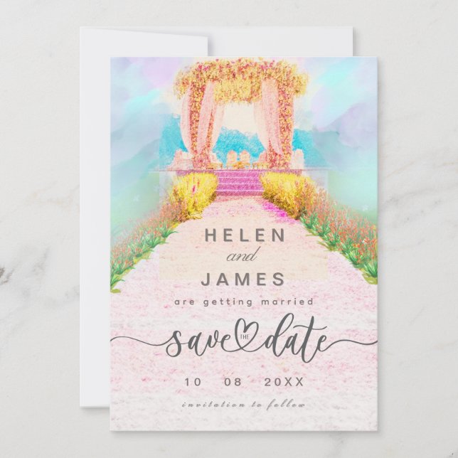Reserva La Fecha Romántico Arco Floral Acuarela Save the Date  (Anverso)