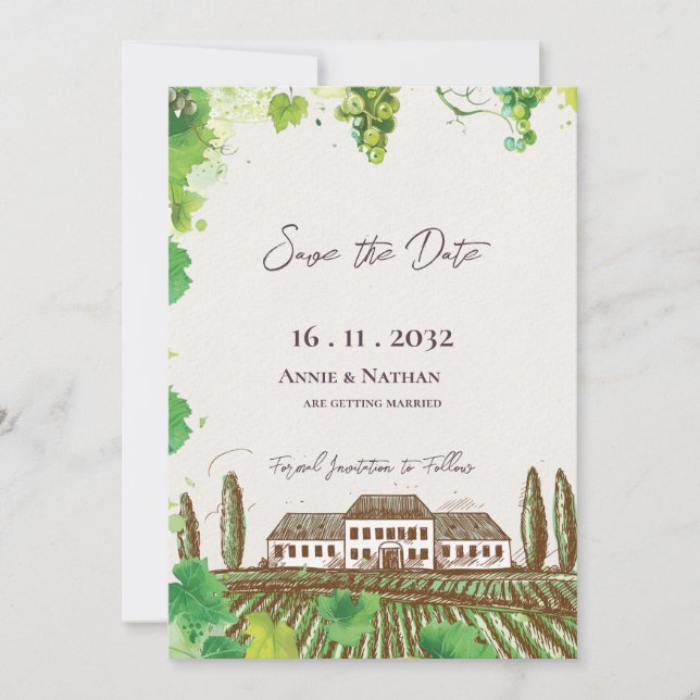 Reserva La Fecha Romántico Boda de viñas de campo de la ganadería (Anverso)
