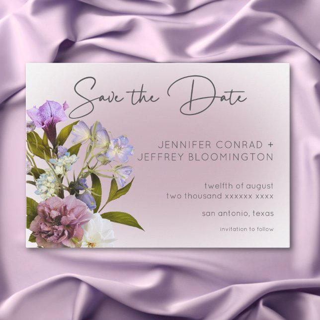 Reserva La Fecha Romántico Boda moderno floral blanco y morado (Romantic White & Purple Floral Modern Wedding Save The Date)
