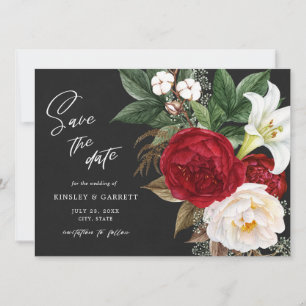Reserva La Fecha Romántico Bouquet rojo floral negro y blanco Boda