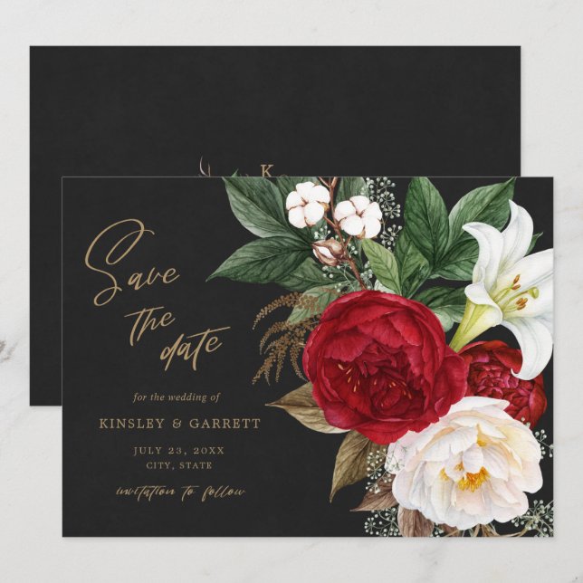 Reserva La Fecha Romántico Red Floral Bouquet Black & Gold Boda S (Anverso / Reverso)