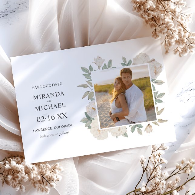 Reserva La Fecha Romántico Roses Blancos Elegante FOTO DE BODA (Subido por el creador)