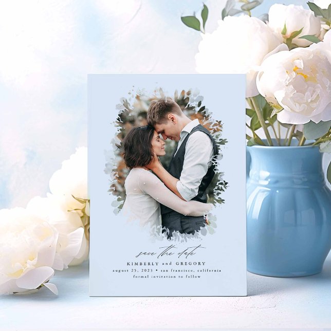 Reserva La Fecha Romántico y soñador Guardar la foto de fecha (Dusty Blue Save The Date Photo Card)
