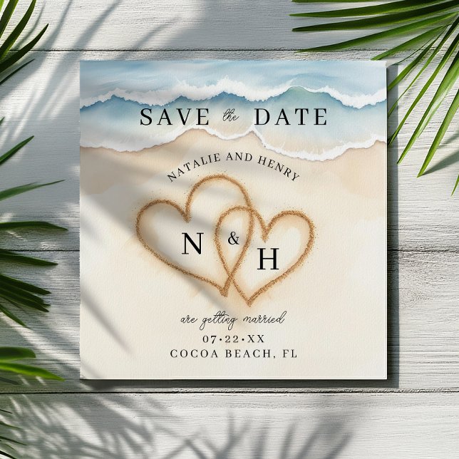 Reserva La Fecha Románticos corazones de playa salvan la fecha | Ac (Tropical Save The Date Card)