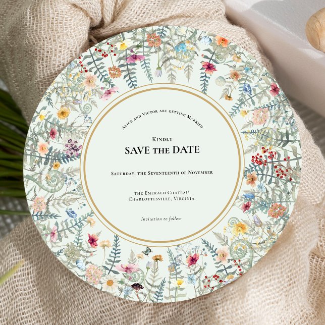Reserva La Fecha Ronda de Boda Verde de Fern Mint Wildflower (Subido por el creador)