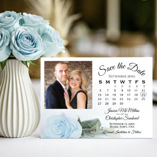 Reserva La Fecha Rosa azul pálido elegante calendario de bodas y fo